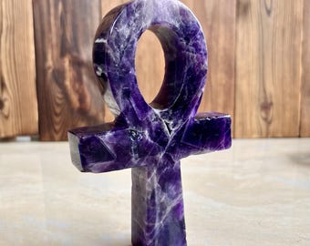 5.5" Natural Crystal Ankh Cross Carving, Handcrafted Premium Crystal Ankh Sculpture, Meditation Healing, Quartz Crystal Sacred Ankh Figurine