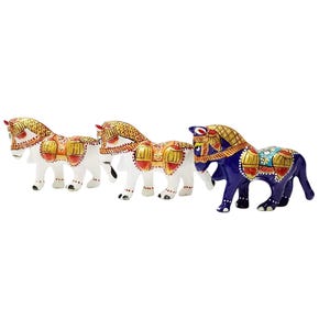 Decorative Horse Figurines, Hand-Painted Indian Style, White and Blue, 7 cm x 5 cm, Set of 3
