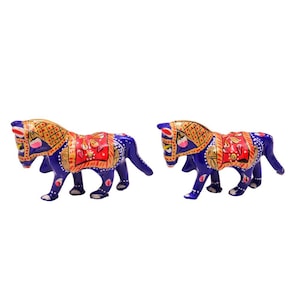 Decorative Metal Horse Figurines, Traditional Indian Art, Hand-Painted Blue and Red, 3 inch, Set of 2