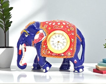 Decorative Elephant Clock Figurine, Hand-Painted Indian Style, Blue and Red, Desktop Decor, 4 to 6 inch.