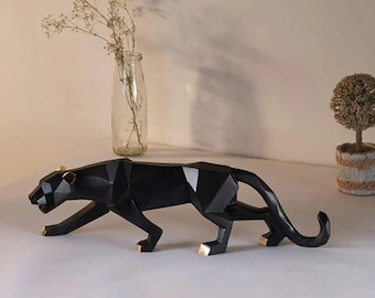 Modern Geometric Resin Black Panther Statue Set, 16 inch and 8 inch, Home Decor Figurines with Gold Accents.