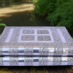 Vintage Style Jewelry Box with Blue Velvet Interior, Silver Embossed Design, Expandable Compartments, 9x3x6 inches (LxHxW)