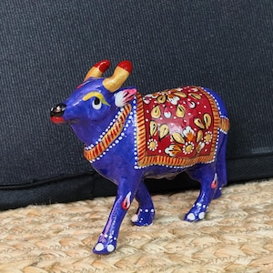Decorative Meenakari Elephant Figurine, Hand-Painted, Blue and Red Floral Design, 4 x 5 inch.