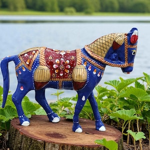 Decorative Horse Figurine, Hand-Painted Blue Traditional Design, 8 x 6 inches