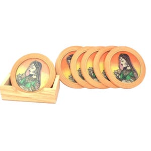 Decorative Wooden Tea Coasters with Traditional Art Design, Set of 6 with Holder, 5 inch Round