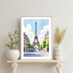 Stampa acquerello della Torre Eiffel di Parigi, poster di viaggio diurno in stile arte murale, illustrazione a guazzo di belle arti, paesaggio urbano di Parigi, Francia, decorazione per la casa