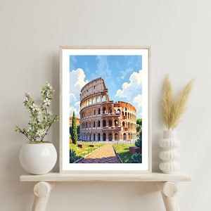 Stampa ad acquerello del Colosseo di Roma - Poster di viaggio diurno in stile arte murale, illustrazione a guazzo di belle arti, decorazione del paesaggio urbano dell'antica Roma