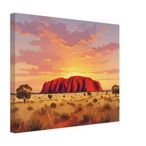 Stampa ad acquerello del tramonto di Uluru, arte murale dell'Outback australiano, illustrazione di paesaggio a guazzo, poster di viaggio di Ayers Rock, decorazione in stile poster.