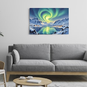Stampa acquerello di aurora boreale, cielo notturno in Islanda, illustrazione artistica a guazzo, decorazione murale con paesaggio artico