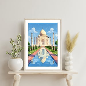 Stampa ad acquerello del Taj Mahal, poster di viaggio diurno, stile arte murale, illustrazione a guazzo, decorazione per la casa di un monumento indiano