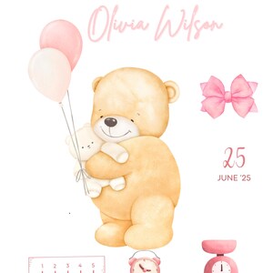 Baby girl birth picture - gift idea for baby girl birth with CUSTOMIZABLE teddy bear pdf file to download