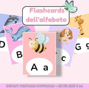 Tarjetas didácticas del alfabeto y animales en mayúsculas y minúsculas: juegos educativos para niños, primeras palabras y letras