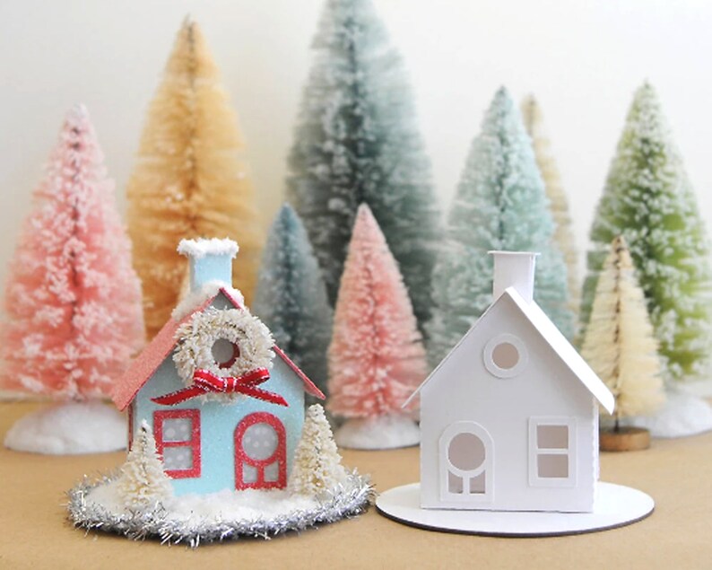 Putz House Ornament DIY Kit, Paper House Christmas Village Decoration, Glitter House Paper Craft Kit, Christmas Mantle Decoration, Cottage image 4