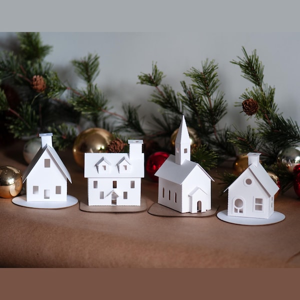 Putz House Christmas Village Kit, 4 Pre-Cut White Paper Houses in Mini or Tealight Size, Family or Holiday Party Craft , Minimalist Decor