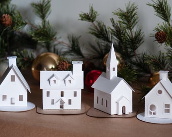 Putz House Christmas Craft Kit - Build + Decorate Your Own Christmas Village - Putz House Kit of 4 Pre-Cut DIY 3.5"-4.75 tall buildings