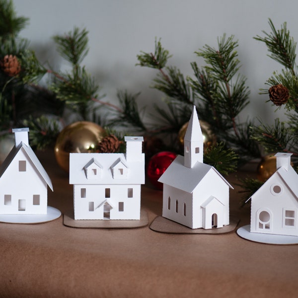 Putz House Christmas Craft Kit - Build + Decorate Your Own Christmas Village - Putz House Kit of 4 Pre-Cut DIY 3.5"-4.75 tall buildings