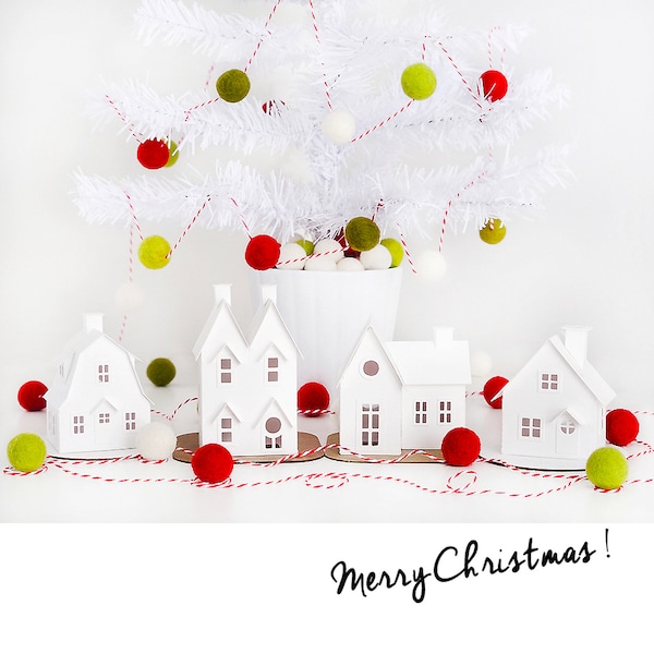 DIY Christmas Village of 4 Putz House Christmas Mantle Decorations, White Paper Houses, Handmade Christmas Gift Idea, DIY Holiday Decor Kit