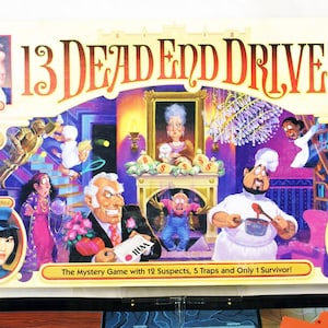 May include: The box cover for the board game "13 Dead End Drive" features a colorful illustration of a mansion interior with 12 suspects, 5 traps, and a cat. The game is for 2 to 4 players, ages 9 and up.