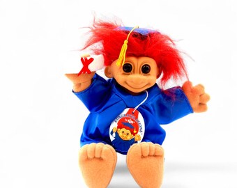 Vintage Russ Troll Doll “Congratulations” #3619 – Graduation Troll in Blue Cap & Gown with Tag – 1990s Russ Berrie Troll with Tag 90s