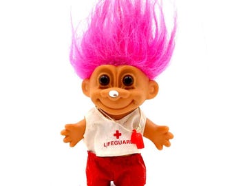 My Lucky LIFEGUARD Troll Doll (Pink Hair) by Russ Berrie Lifeguard Troll Doll - Collectible Russ Troll 6\" - My Lucky - Blue