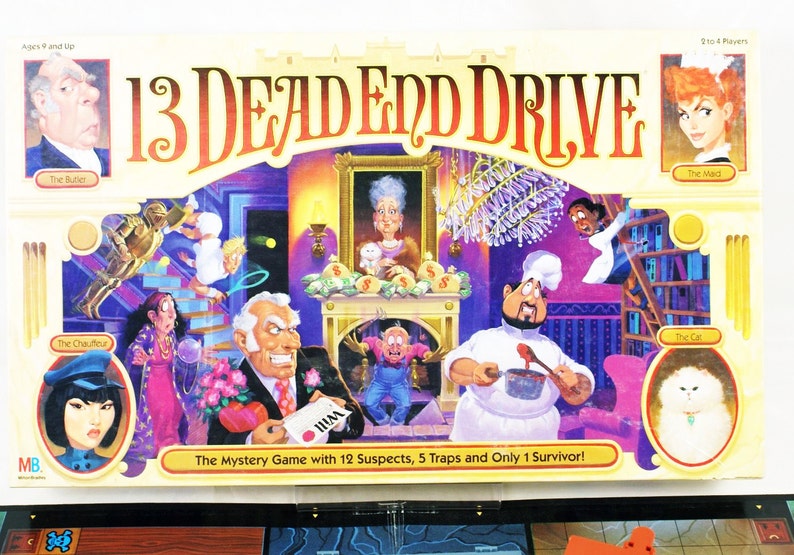 May include: The box cover for the board game "13 Dead End Drive" features a colorful illustration of a mansion interior with 12 suspects, 5 traps, and a cat. The game is for 2 to 4 players, ages 9 and up.
