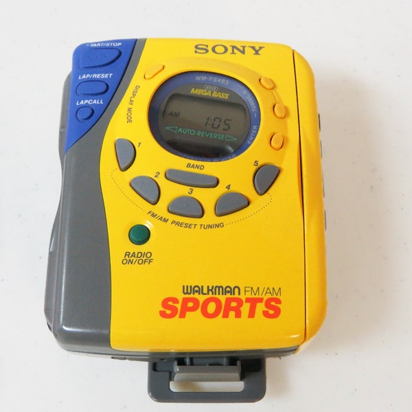 Vintage Sony Sports Walkman WM-FS493 Cassette AM/FM Mega Bass Weather Proof Works Yellow