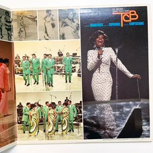 May include: A vintage vinyl record album cover featuring Diana Ross and the Supremes with the Temptations. The cover features a black and white photo of Diana Ross singing on stage. The album title is "T.C.B." and the text "The Original Sound Track From" is above the title. The album cover is in a retro style.