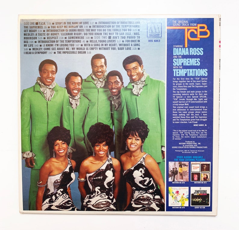 May include: A vintage vinyl record cover featuring Diana Ross and The Supremes with The Temptations. The cover is a vibrant mix of green, black, and white. The image shows the singers in a studio setting, with Diana Ross in the centre. The album title is "TCB" and the text "The Original Sound Track From" is printed in white on a black background.