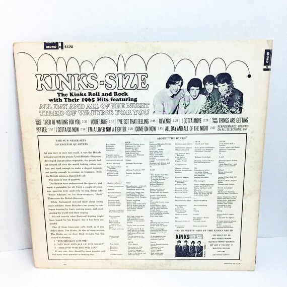 Vintage Original Kinks Size Mono Vinyl Record LP Album 1965 Tired