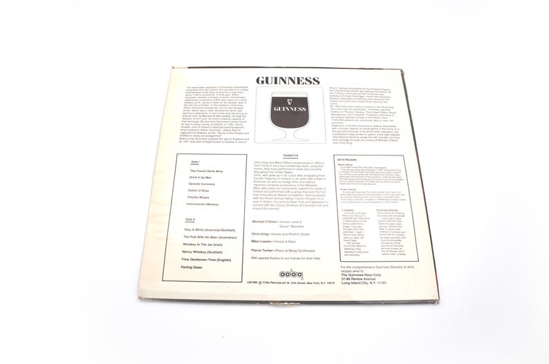 May include: A black and white record album cover with the Guinness logo and text. The back of the album lists the songs included on the record, including "The French Kiss Waltz" and "Whiskey in the Jar".