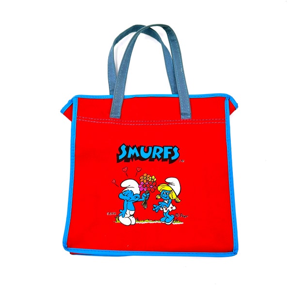 Vintage 1980s Smurfs Tote Bag Red Canvas Purse Blue Cartoon 80s Peyo Sepp Book Bag School Kids