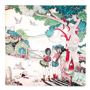 May include: A vintage record album cover featuring a colorful illustration of two children standing in a field with a tree and a sign that reads "Kiln House Fleetwood Mac."