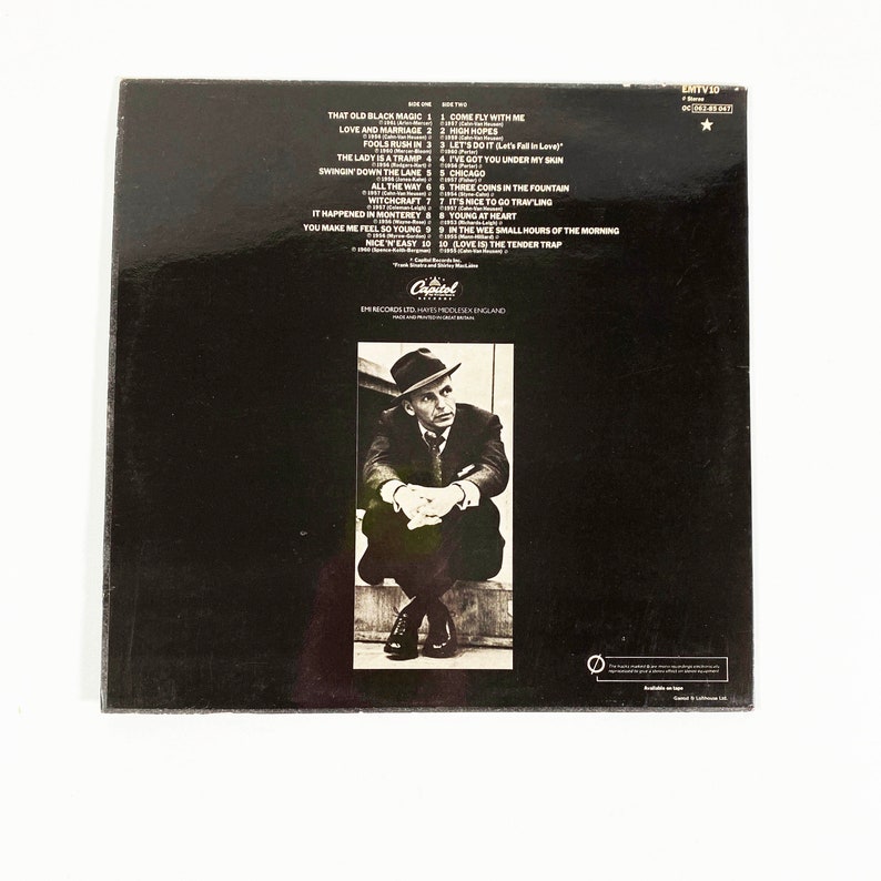 May include: Black and white photo of a man wearing a hat and suit, sitting on a set of stairs. The back of a vinyl record album with a list of songs on each side. The album is titled "Come Fly With Me" by Frank Sinatra.