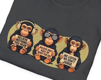 Camiseta gráfica de mono divertido: camiseta unisex suave de chimpancés sabios