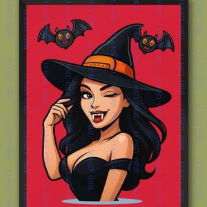 Sexy Vampire Witch PNG, Cute Halloween Witch Clipart with Bats, Digital Download, Spooky Pin-Up Witch Art for Shirts, Mugs, Stickers