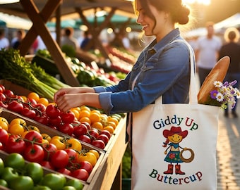 Giddy Up Buttercup Cowgirl Tote Bag | Western Canvas Market Bag