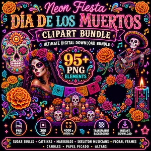 May include: A digital clipart bundle featuring neon-style graphics for Dia de los Muertos. Includes sugar skulls, a Catrina figure, marigold flowers, skeleton musicians with guitars, candles, and papel picado banners on a black background.