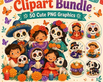 May include: A Day of the Dead Clipart Bundle featuring 50 cute PNG graphics. The image displays cartoon characters with sugar skull face paint, marigold flowers, candles, and a puppy. Text includes Day of the Dead Clipart Bundle 50 Cute PNG Graphics.