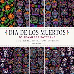 May include: A digital collection of 10 seamless patterns featuring Dia de los Muertos themes on a black background. Designs include orange marigold flowers, colorful sugar skulls, papel picado banners, and stylized cats and dogs with floral details. Text reads DIA DE LOS MUERTOS 10 SEAMLESS PATTERNS 12 x 12 INCH SEAMLESS PATTERNS - 300 DPI JPG COMMERCIAL USE.