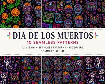 May include: A digital collection of 10 seamless patterns featuring Dia de los Muertos themes on a black background. Designs include orange marigold flowers, colorful sugar skulls, papel picado banners, and stylized cats and dogs with floral details. Text reads DIA DE LOS MUERTOS 10 SEAMLESS PATTERNS 12 x 12 INCH SEAMLESS PATTERNS - 300 DPI JPG COMMERCIAL USE.