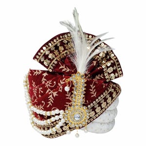 Bhawani Maroon White Groom Pagdi Indian Wedding Turban for Men Ethnic Headwear Safa