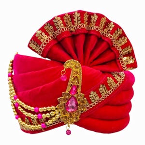 Bhawani Wedding Pagdi | Micro Velvet Fabric | Adjustable Velcro Turban for Groom | Indian Traditional Headwear Rani Colour Pack of 1