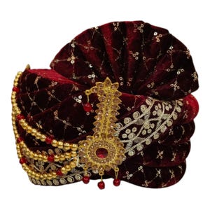 BHAWANI Maroon Wedding Pagdi for Groom | Adjustable Velcro Turban | Indian Groom Headwear | Traditional Royal Pagdi for Bharati pack of 1