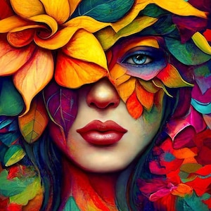 May include: A vibrant, artistic portrait of a person with a floral headdress and face mask. The artwork features a spectrum of colors, including yellow, orange, red, blue, and green. The subject has red lips and a single visible blue eye.