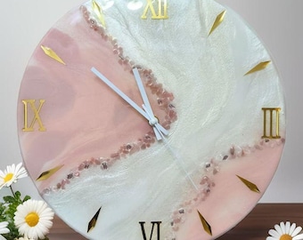 Luxury Geode Resin Wall Clock | Teal White Gold Agate Style Modern Decor (Silent Quartz)