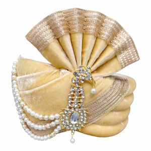 Bhawani Wedding Pagdi | Viscose Velvet Fabric | Adjustable Velcro Turban for Groom | Indian Traditional Headwear Golden color Pack of 1
