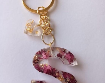 Handmade Resin Initial Keychain | Floral Glitter Letter Bag Charm