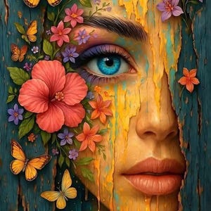May include: A digital art piece featuring a woman's face partially obscured by a textured, blue-green surface. Vibrant flowers and butterflies adorn the artwork, with a focus on a striking blue eye and colorful makeup.