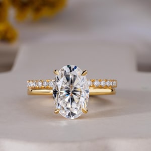 Oval cut Moissanite engagement ring set Diamond 14K Solid Yellow gold unique engagement ring Women bridal set Marriage ring Anniversary gift