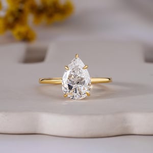 Hidden Halo 3 Ct Pear Shaped Moissanite Engagement Ring, 14k Yellow Gold Teardrop Solitaire Diamond Ring, Plain Band Pear Cut Wedding Ring